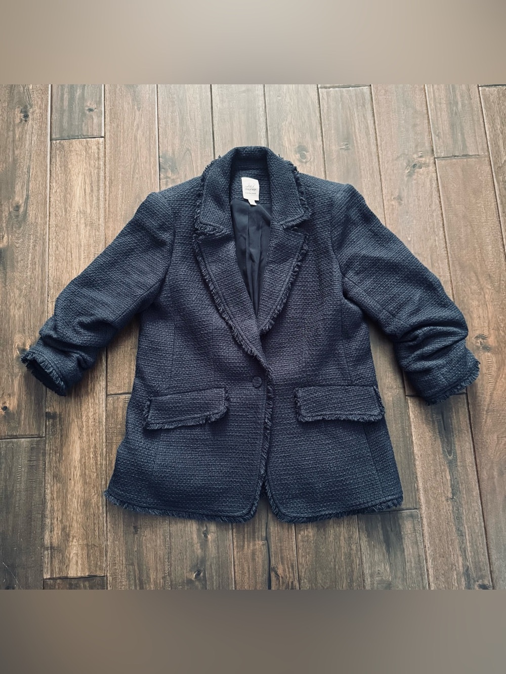 5à7 Cinq à Sept Tous Les Jours Navy Textured Fringe Trim Blazer Tweed Jacket 4